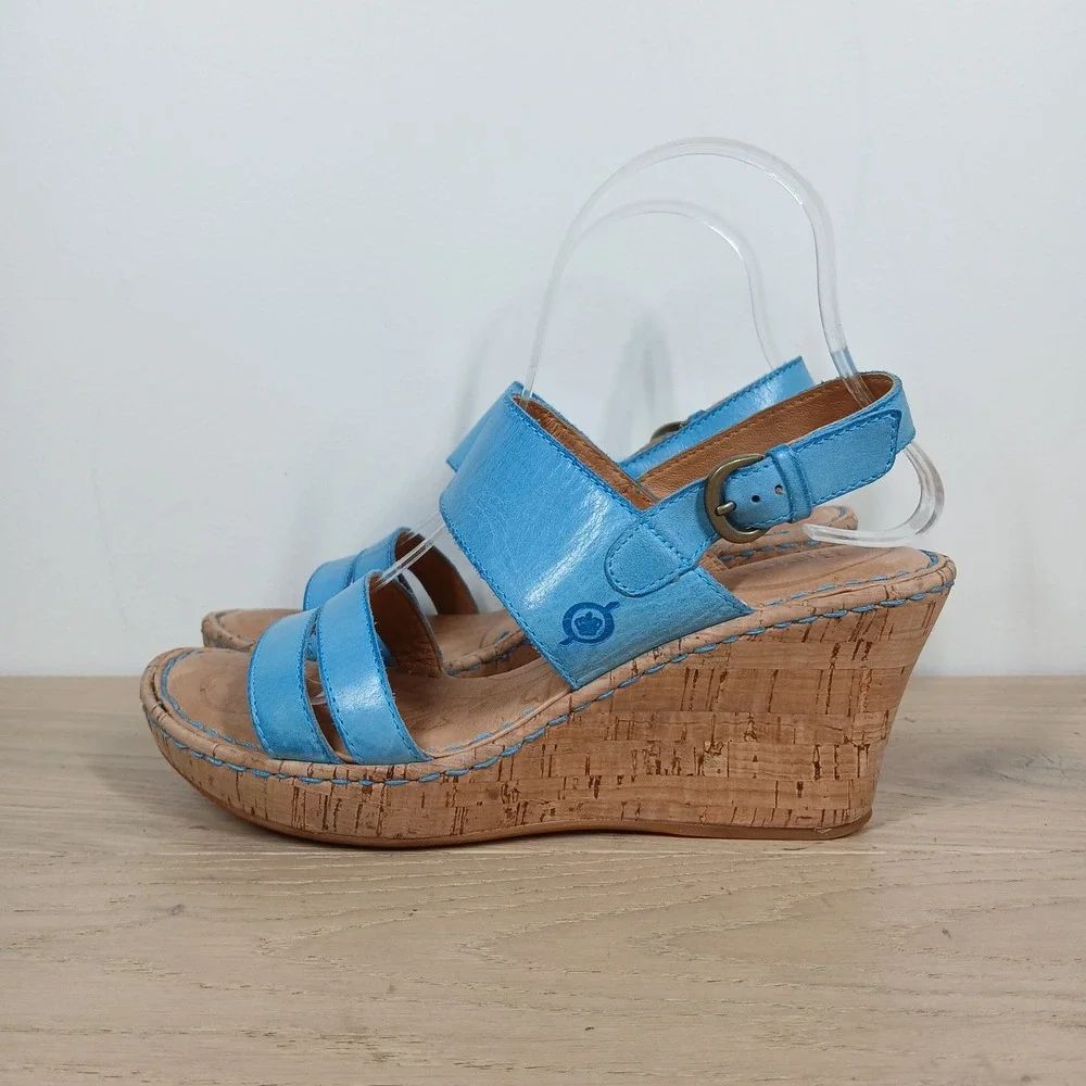 Born Wedge Sandals Womens 8 Blue Leather Cork Platform Slingback Opanka Strappy